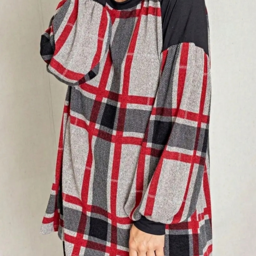 SALE eloges NIP  Red/Black/Gray Plaid‎ Puffed Long Sleeve Top Sz. M